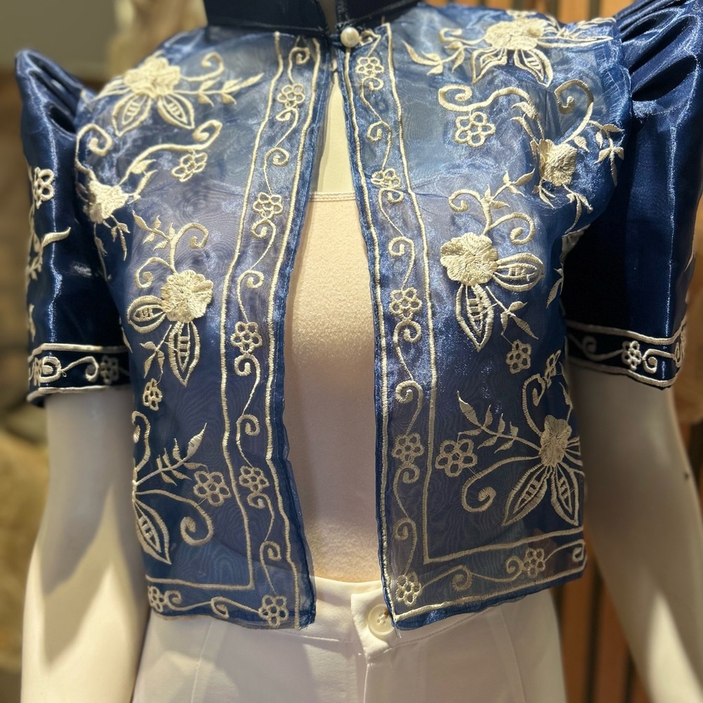 Blue Embroidered Sheer Bolero